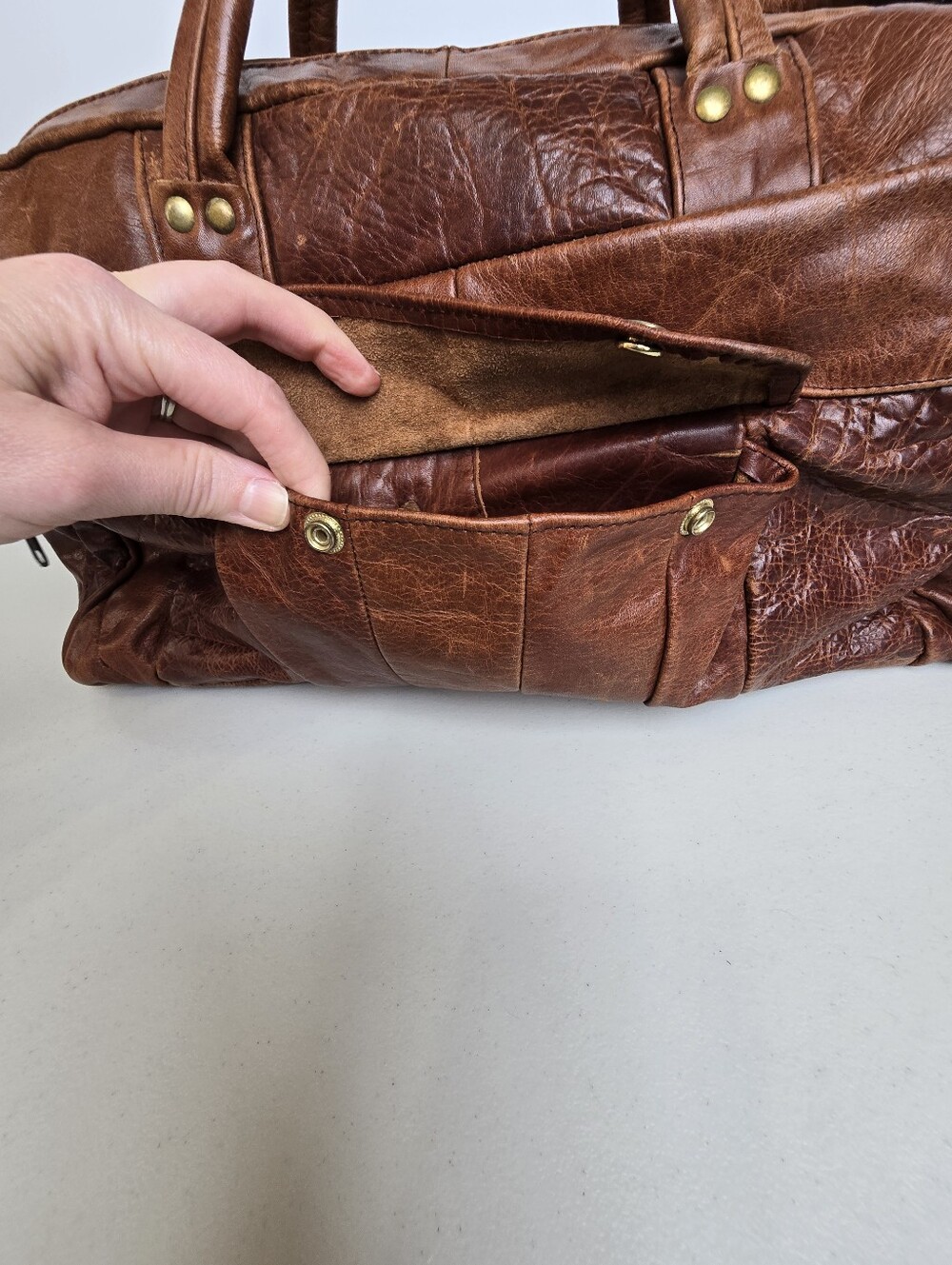 Vintage Made in Mexico Patchwork Distressed Finish Leather Duffle Weekender Bag - Picture 12 of 16
